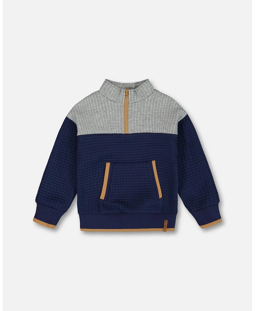 Deux par Little Boys Quilted Half Zip Top Blue And Gray - Toddler|Child