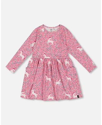 Deux par Deux Big Girls Printed Unicorn Dress With Pockets Pink