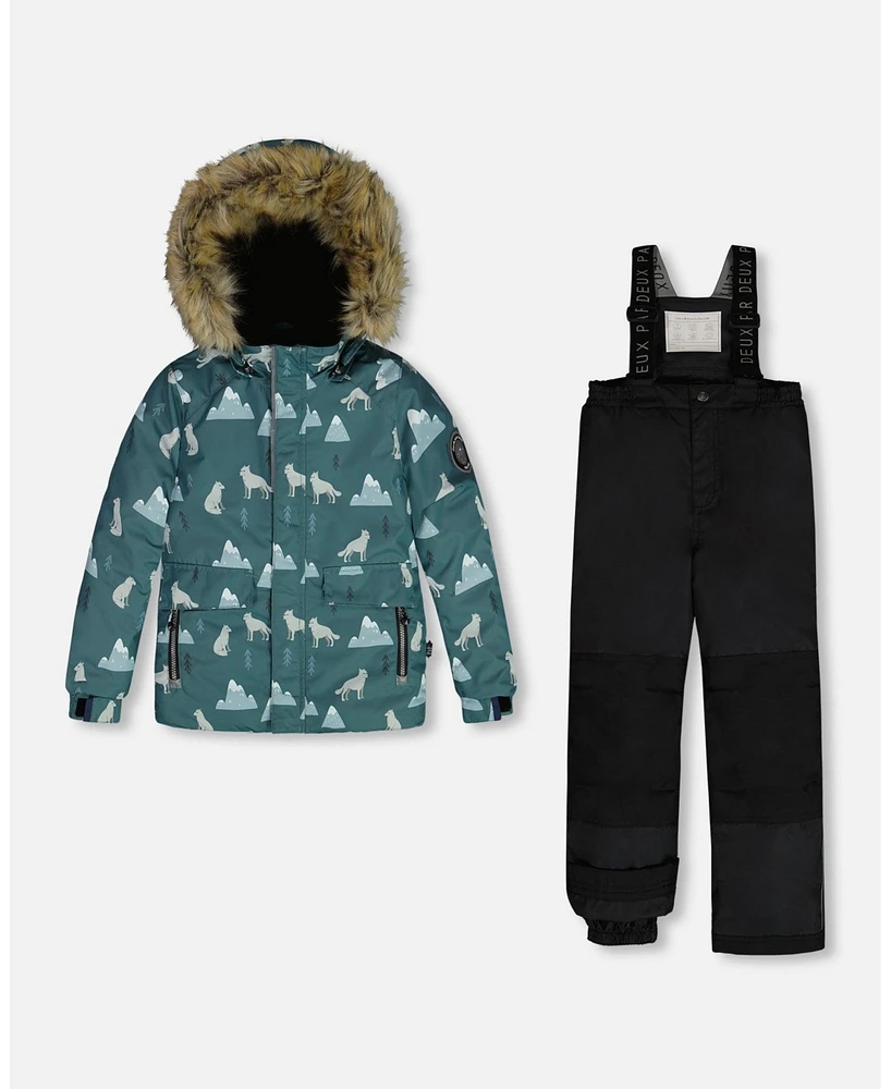 Deux par Little Boys Two Piece Snowsuit Sage Printed Wolves And Black - Toddler|Child