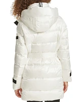 Karl Lagerfeld Womens Shine Hooded Short Belted Puffer Coat