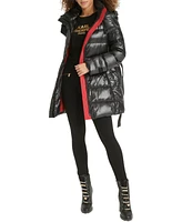 Karl Lagerfeld Womens Shine Hooded Short Belted Puffer Coat