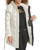 Karl Lagerfeld Womens Shine Hooded Short Belted Puffer Coat