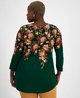 Jm Collection Plus Baroque Cascade 3/4-Sleeve Top, Created for Macy's