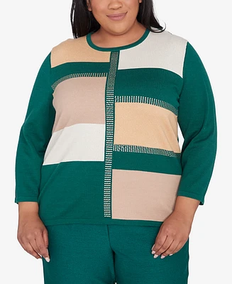 Alfred Dunner Plus Emerald Isle Women's Colorblock Gold Trim Sweater