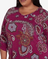 Alfred Dunner Plus Wine Country Floral Paisley Drawstring Sleeves V-Neck Top