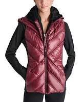 Dkny Women's Hooded Puffer Vest with Contrast Scuba and Teddy Faux Fur Collar