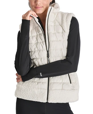 Dkny Women's Horizontal Channel Quilted Mock Neck Puffer Vest with Sherpa