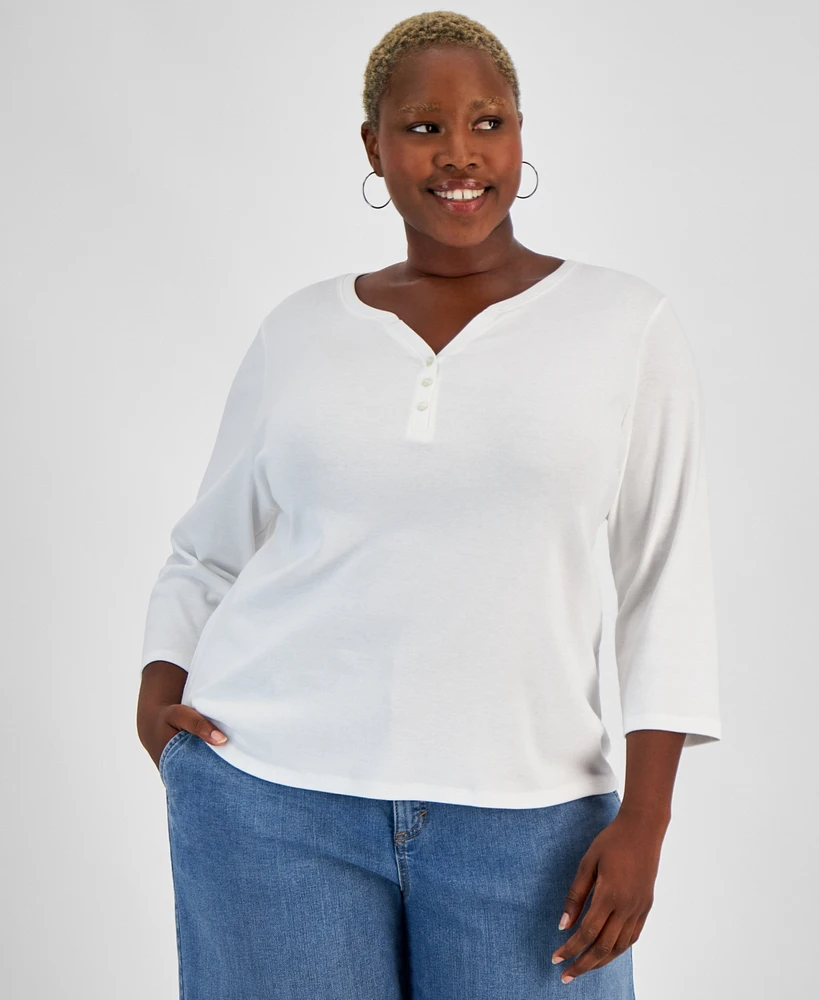 Style & Co Plus 3/4-Sleeve Cotton Henley Top, Created for Macy's