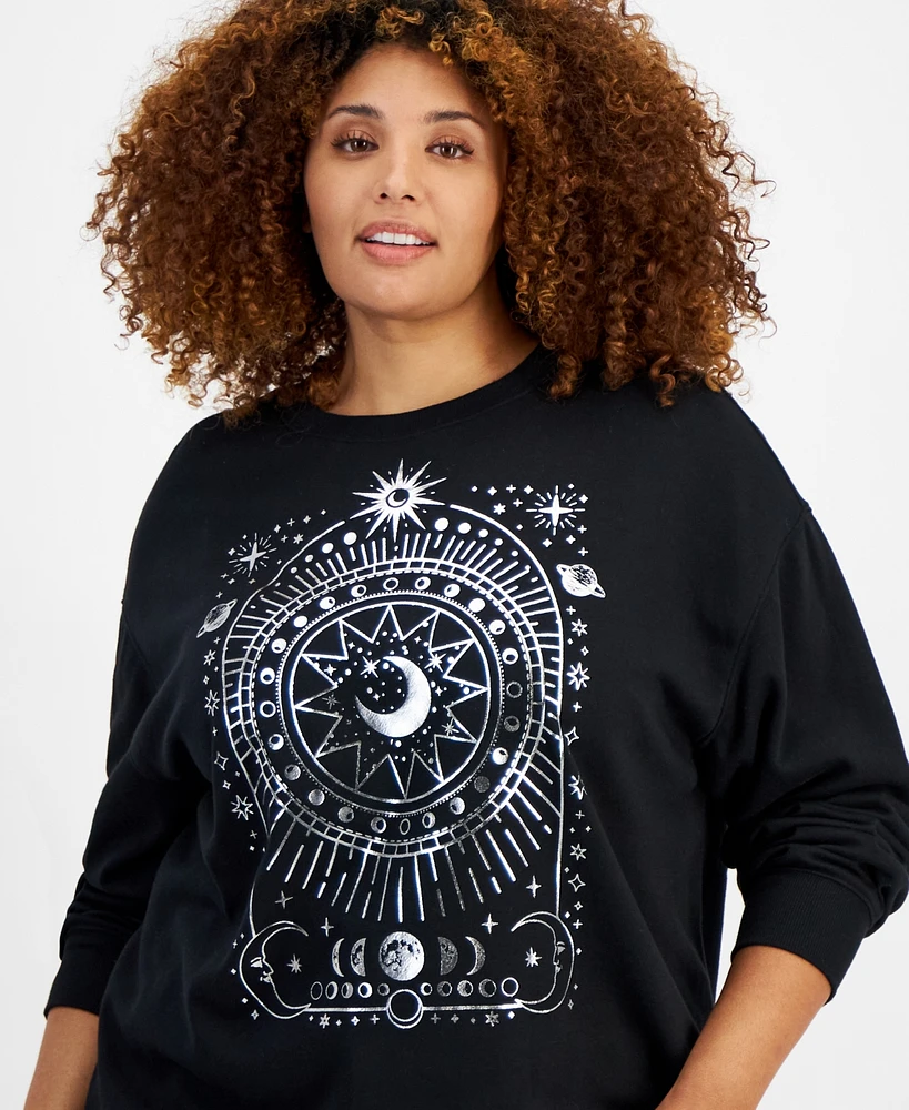 Rebellious One Trendy Plus Silver Metallic Celestial-Graphic Sweatshirt