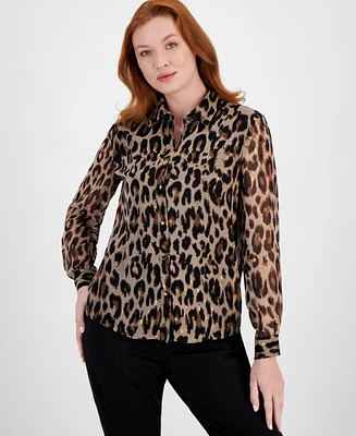 T Tahari Women's Animal-Print Collared Button-Down Blouse