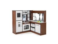 Slickblue Wooden Corner Play Kitchen with Water Circulation System and Lights-Brown