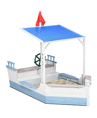 Outsunny Wooden Kids Sandbox with Covered Protection Under Canopy, Blue