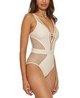 Becca Women's Network Metallic Mesh Plunge-Neck One-Piece Swimsuit