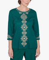 Alfred Dunner Women's Emerald Isle Center Medallion Embroidered Three Quarter Sleeve Top