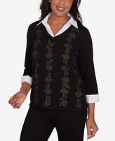 Alfred Dunner Women's Rue Rivoli Beaded Embroidered Cozy Two One Top