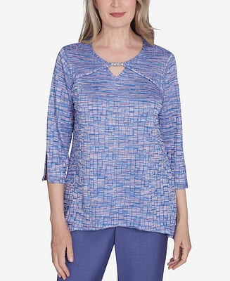 Alfred Dunner Women's Worth Avenue Space Dye Top with Detailed Charm on Neckline