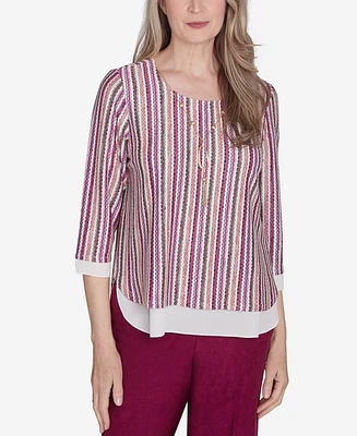 Alfred Dunner Women's Wine Country Metallic Stripe Top with a Detachable Necklace