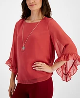 Jm Collection Petite Ruffled 3/4-Sleeve Necklace Top, Created for Macy's