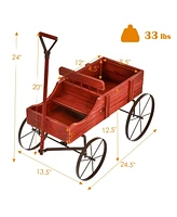 Sugift Wooden Wagon Plant Bed with Metal Wheels for Garden Yard Patio