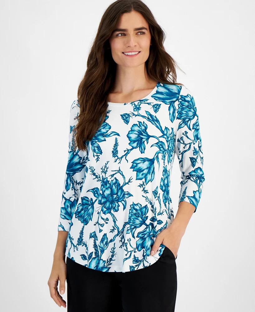 Jm Collection Petite Botanical Toile 3/4-Sleeve Top, Created for Macy's