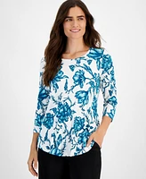 Jm Collection Petite Botanical Toile 3/4-Sleeve Top, Created for Macy's