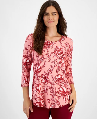Jm Collection Petite Botanical Toile 3/4-Sleeve Top, Created for Macy's