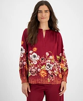 Jm Collection Women's Printed Satin Split Neck Blouse, Created for Macy's