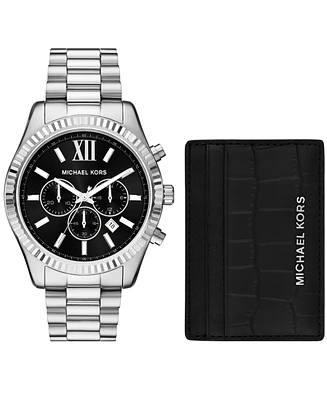 Michael Kors Men's Lexington Chronograph Stainless Steel Watch and Card Case Gift Set 44mm