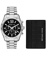 Michael Kors Men's Lexington Chronograph Stainless Steel Watch and Card Case Gift Set 44mm - Silver