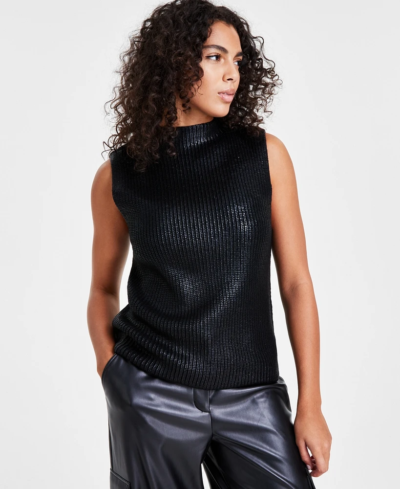 Bar Iii Women's Coated Knit Funnel-Neck Sleeveless Sweater, Created for Macy's