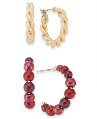 Charter Club Gold-Tone 2-Pc. Set Twisted & Color Imitation Pearl Beaded Hoop Earrings, Created for Macy's