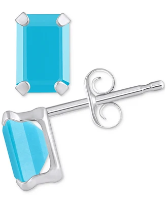 Turquoise Emerald-Cut Solitaire Four Prong Stud Earrings 14k Gold