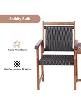 Gymax Patio Acacia Wood Conversation Companion Bench Loveseat Chair with Side Table