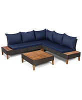 Gymax 4PCS Acacia Wood Patio Furniture Set Rattan Conversation Set w/ Navy Cushions - Navy+mix reddish