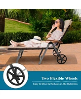 Gymax Folding Patio Rattan Lounge Chair Chaise Cushioned Aluminum Adjust Wheel