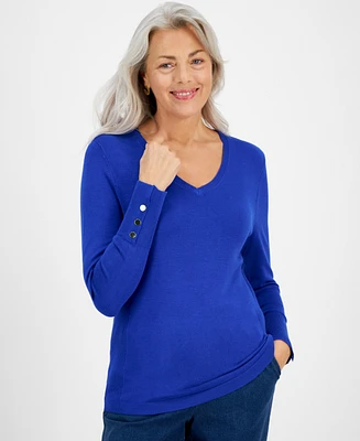Jm Collection Women's Button-Cuff V-Neck Sweater, Created for Macy's