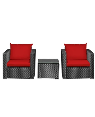 Sugift 3 Pieces Patio Wicker Conversation Set with Cushion-Red