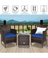 Sugift 3 Pieces Ergonomic Wicker Patio Conversation Set-Navy