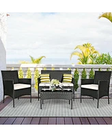 Sugift 4 Pieces Patio Rattan Cushioned Conversation Sets with Tempered Glass Coffee Table