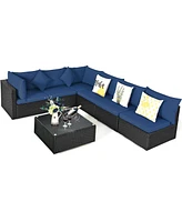 Sugift 7 Pieces Sectional Wicker Furniture Sofa Set with Tempered Glass Top-Navy