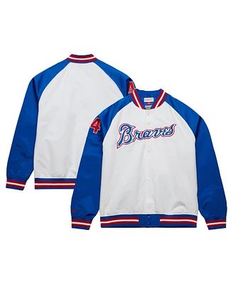 Mitchell & Ness Men's Hank Aaron White/Royal Atlanta Braves Cooperstown Collection Legends Lightweight Satin Raglan Full-Snap Jacket