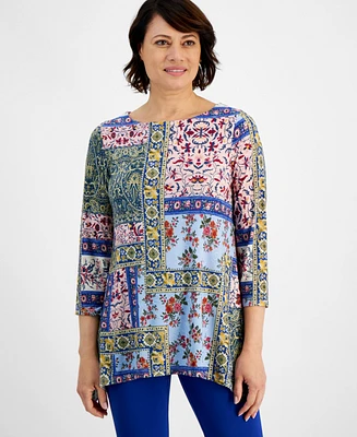 Jm Collection Petite Patchwork Thrift Swing Jacquard Top, Exclusively at Macy's