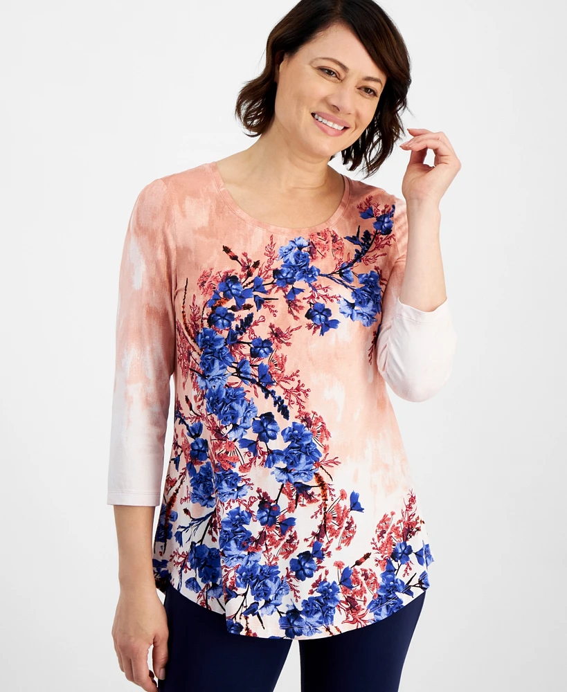 Jm Collection Petite Floral-Print 3/4-Sleeve Top, Created for Macy's