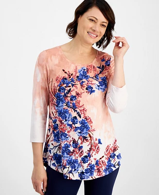 Jm Collection Petite Floral-Print 3/4-Sleeve Top, Created for Macy's