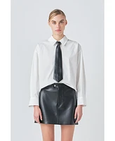 Grey Lab Women's Shirt with Faux Leather Necktie