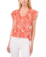 CeCe Women's Tropical-Print Ruffled Tie-Neck Raglan-Sleeve Blouse