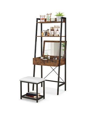 Costway Vanity Table Set Flip Top Mirror Ladder Storage Shelf Cushioned Stool Rustic