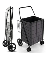 Slickblue Folding Rolling Shopping Cart with Waterproof Liner and Basket-Black