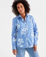 Style & Co Women's Cotton Floral Striped Perfect Shirt, Created for Macy's