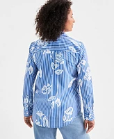 Style & Co Women's Cotton Floral Striped Perfect Shirt, Created for Macy's